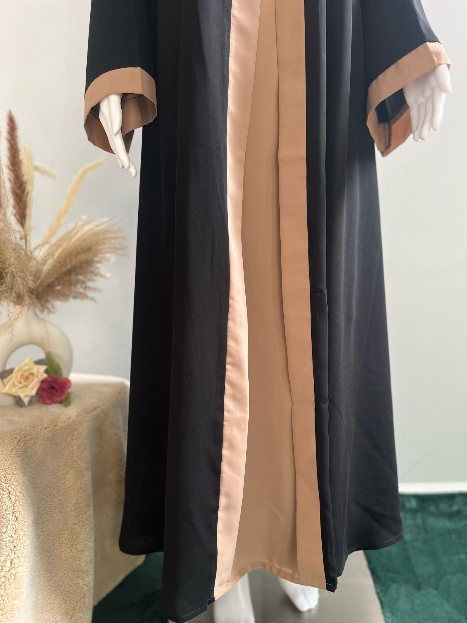 Beige and Black Attached Shrug Abaya with Show Buttons | Nida Fabric | Mumin Collection - Image 4
