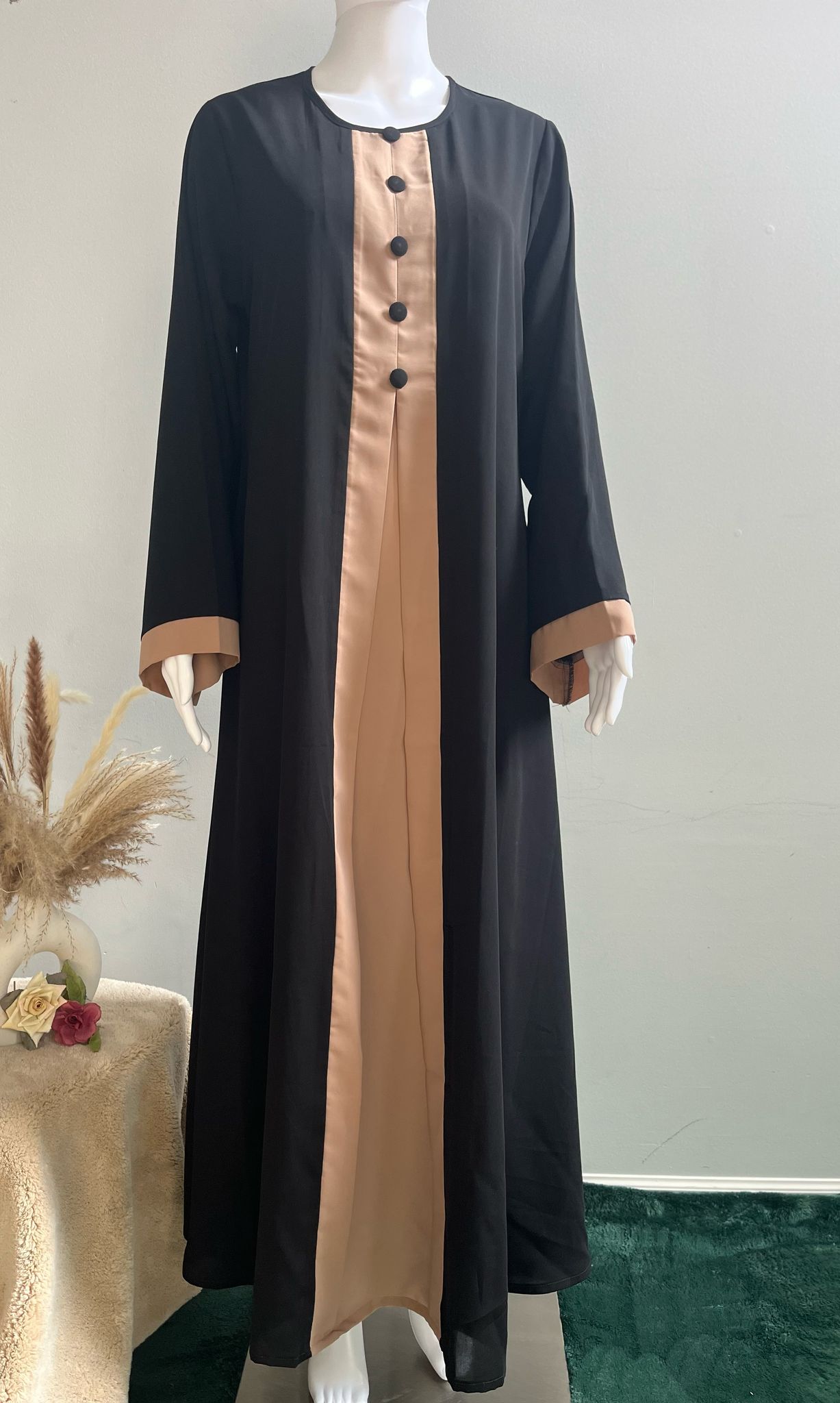 Beige and Black Attached Shrug Abaya with Show Buttons is Nida fabric