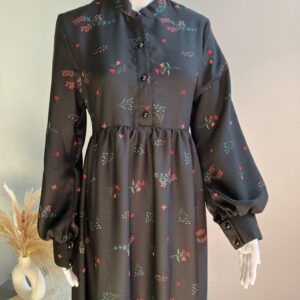 Black Midi Dress with Red Floral Print and Cuffed Sleeves. Maternity and Breastfeeding friendly. Wudu Friendly and great for all age