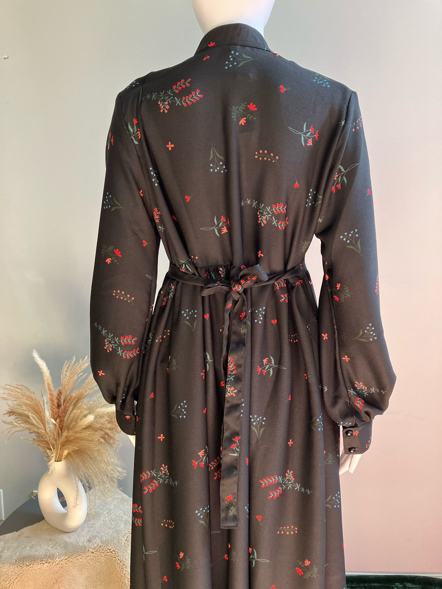 Black Midi Dress with Red Floral Print and Cuffed Sleeves. Maternity and Breastfeeding friendly. Wudu Friendly and great for all age