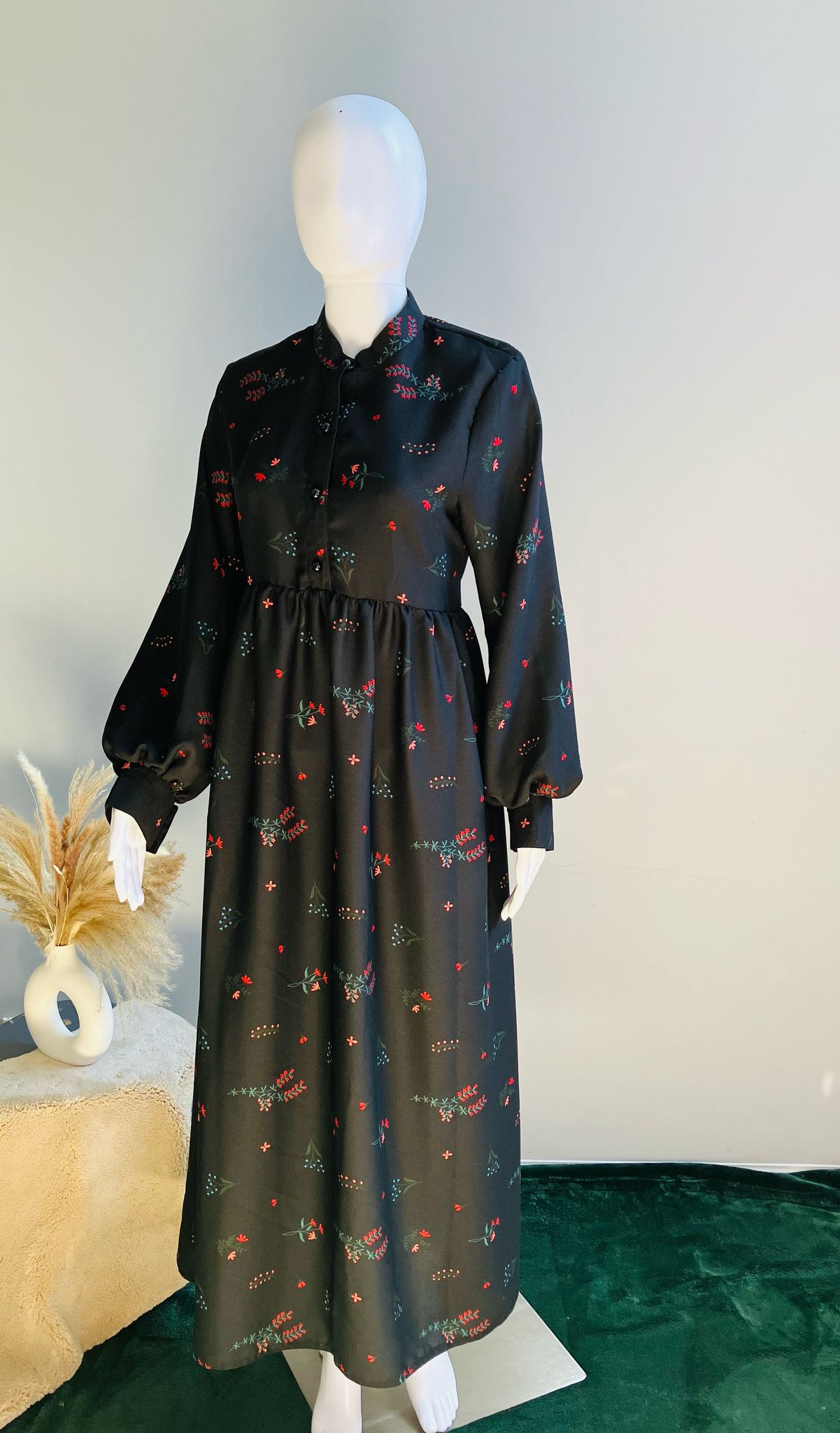 Black Midi Dress with Red Floral Print and Cuffed Sleeves. Maternity and Breastfeeding friendly. Wudu Friendly and great for all age