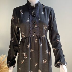 Black Midi Dress with White Floral Print and Lace detailing