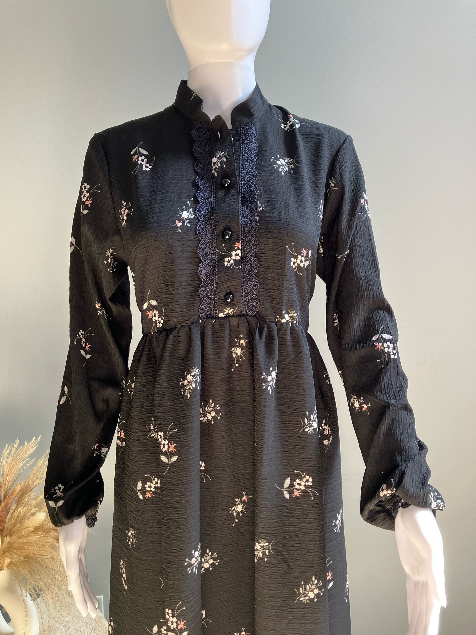 Black Midi Dress with White Floral Print and Lace detailing