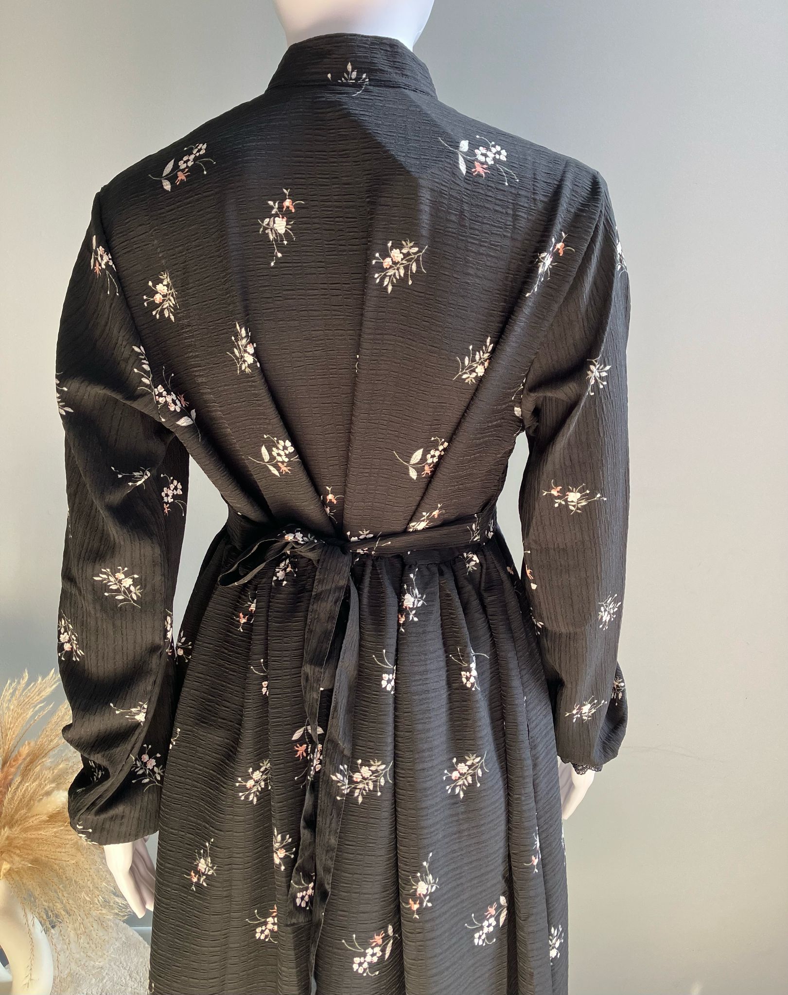 Black Midi Dress with White Floral Print and Lace detailing