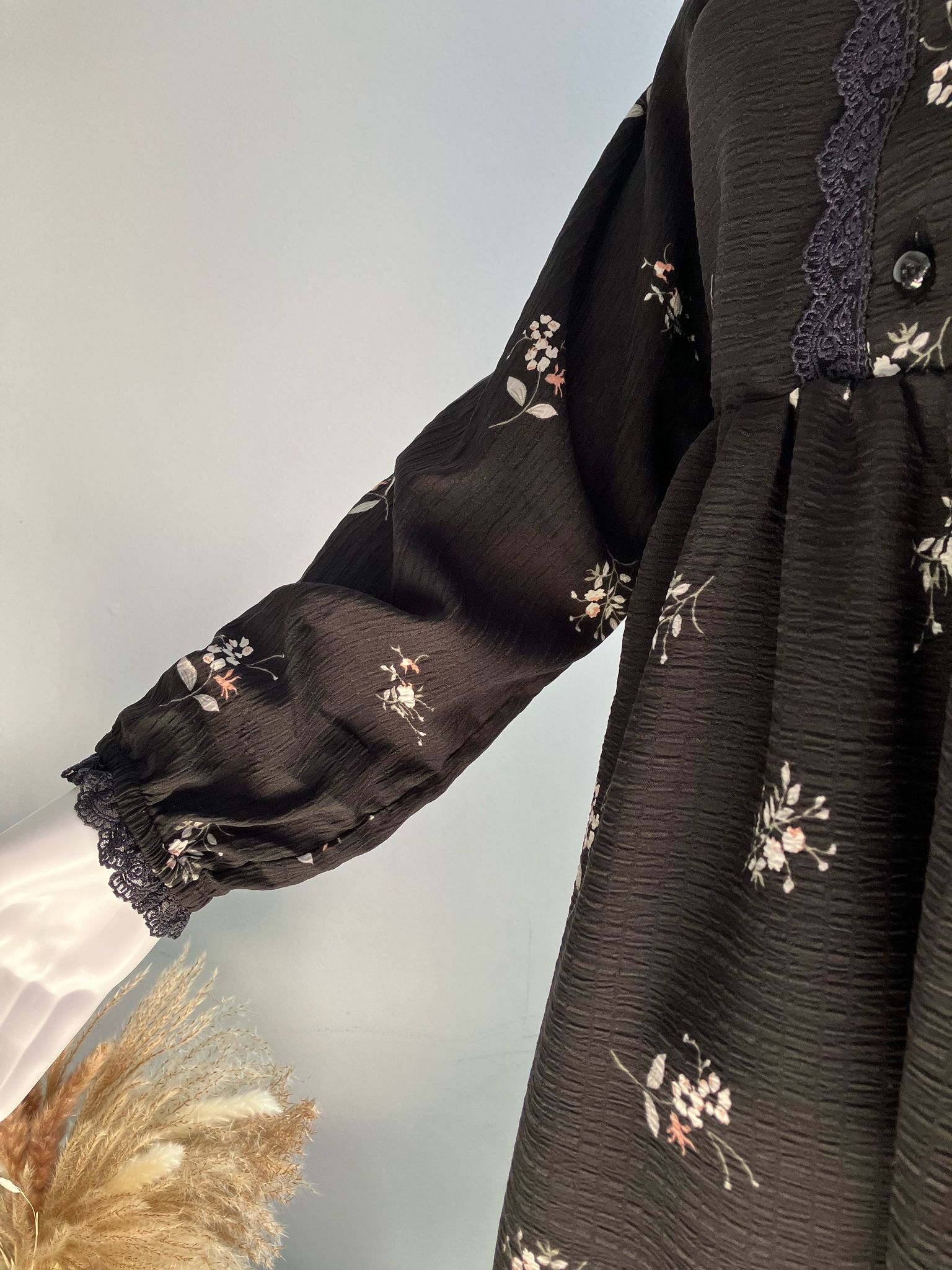 Black Midi Dress with White Floral Print and Lace detailing