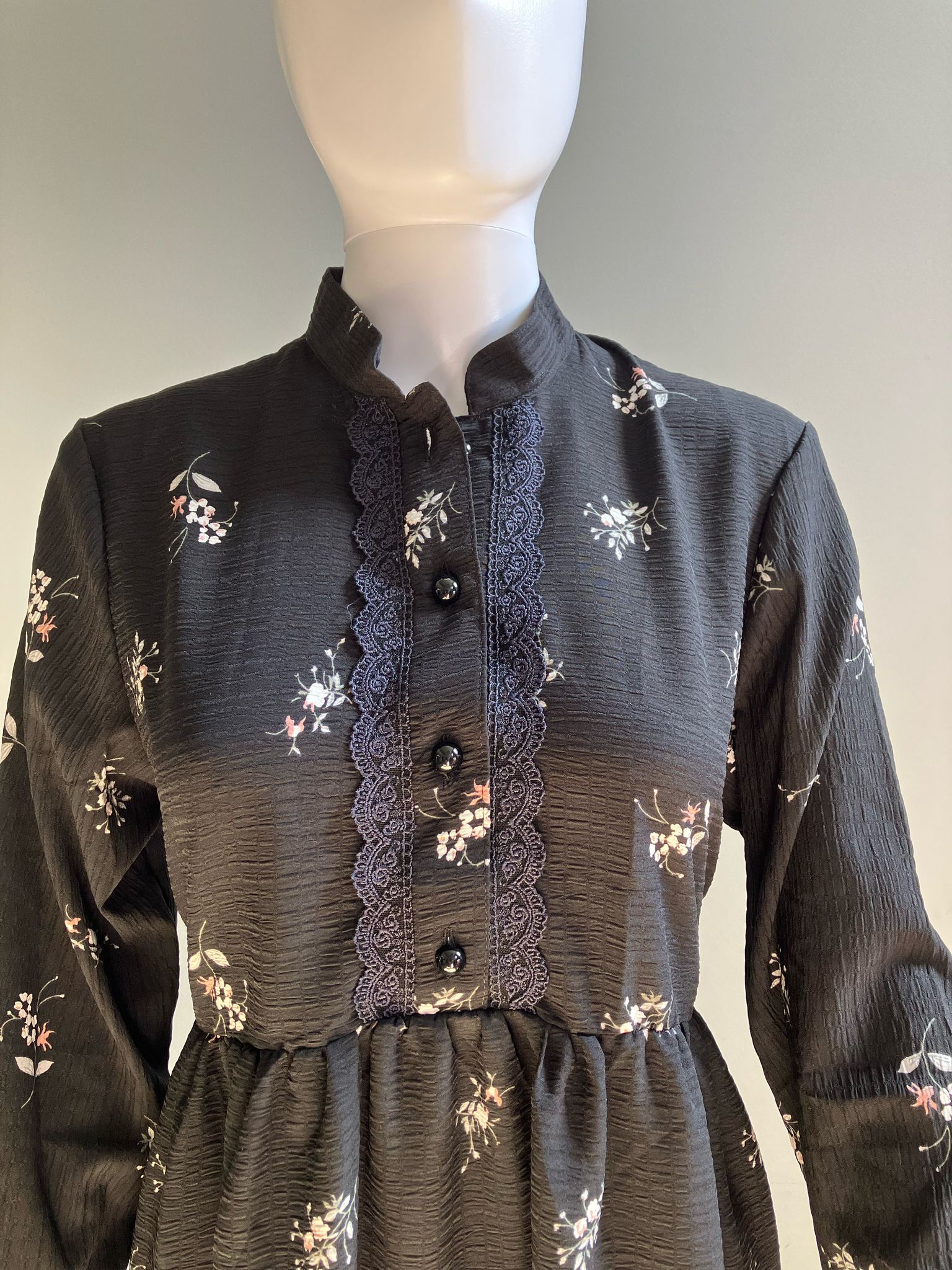 Black Midi Dress with White Floral Print and Lace detailing