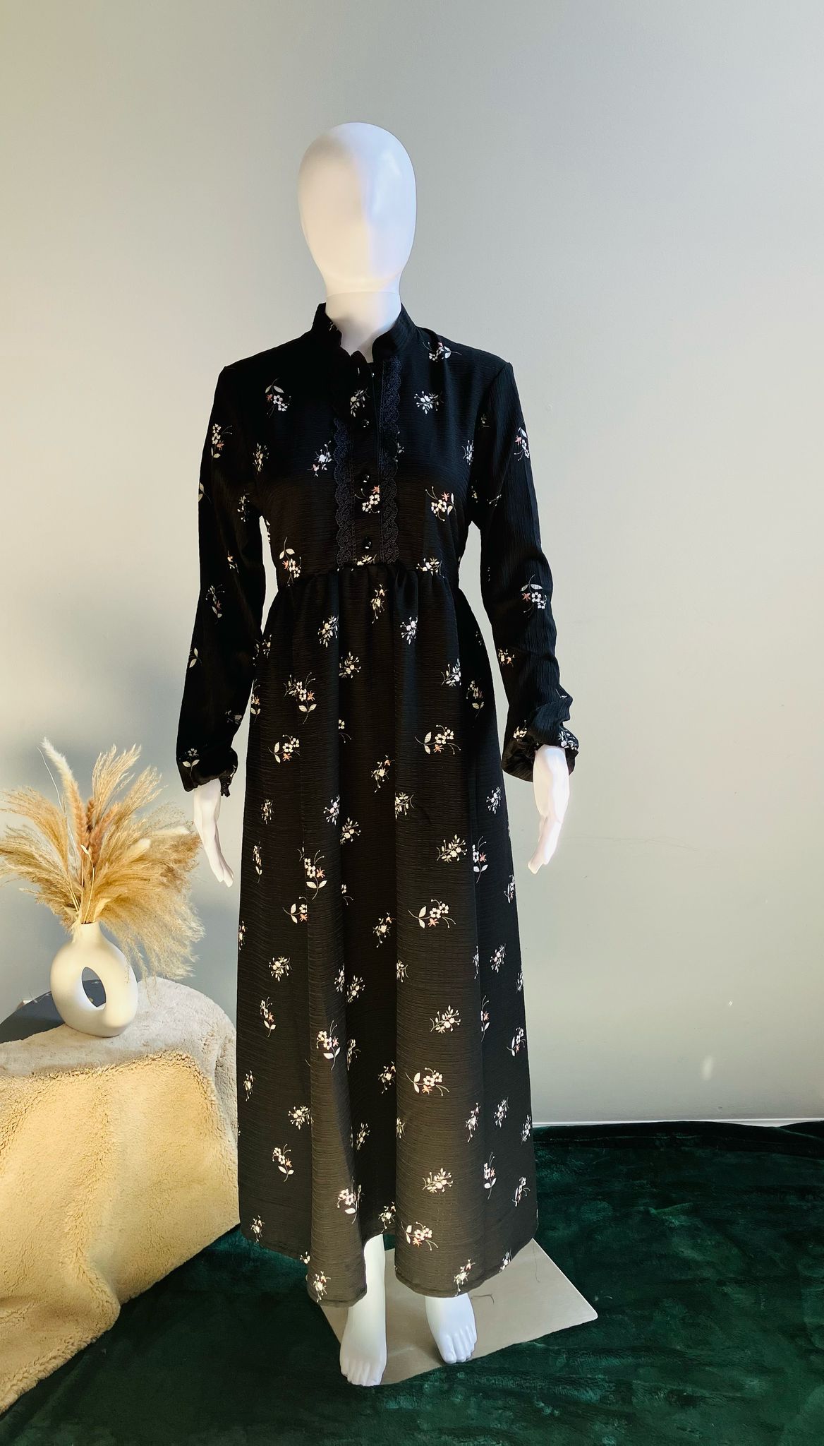 Black Midi Dress with White Floral Print and Lace detailing