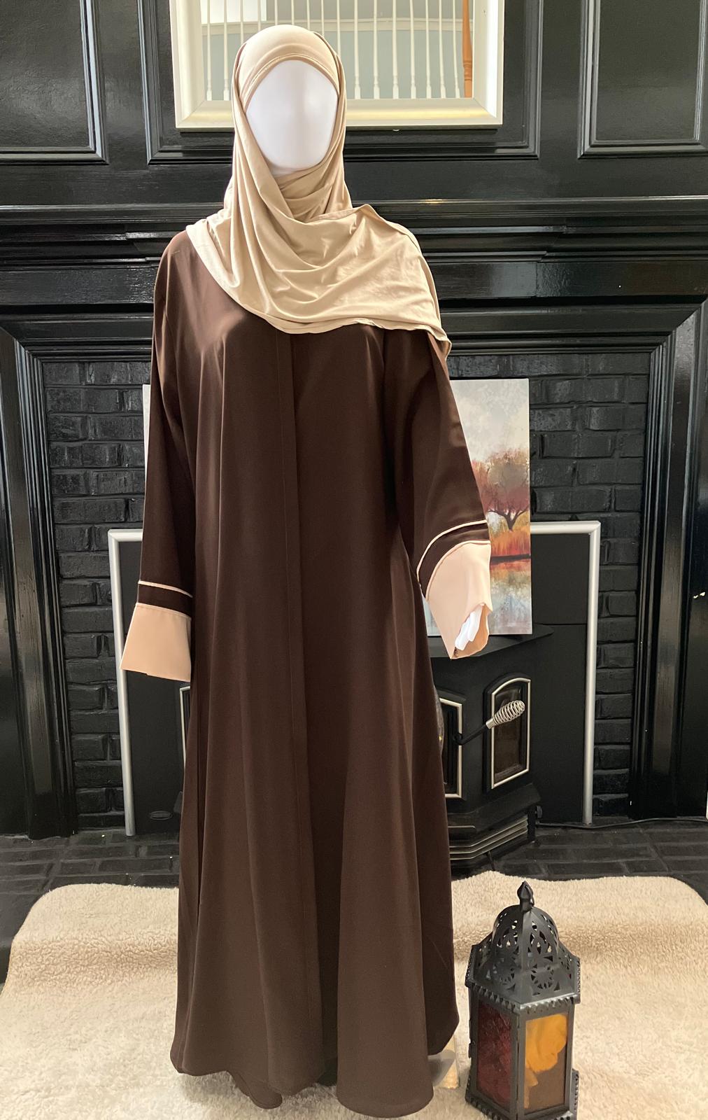 Chocolate Brown Kashibo Abaya with Beige Piping Daily wear Abaya
