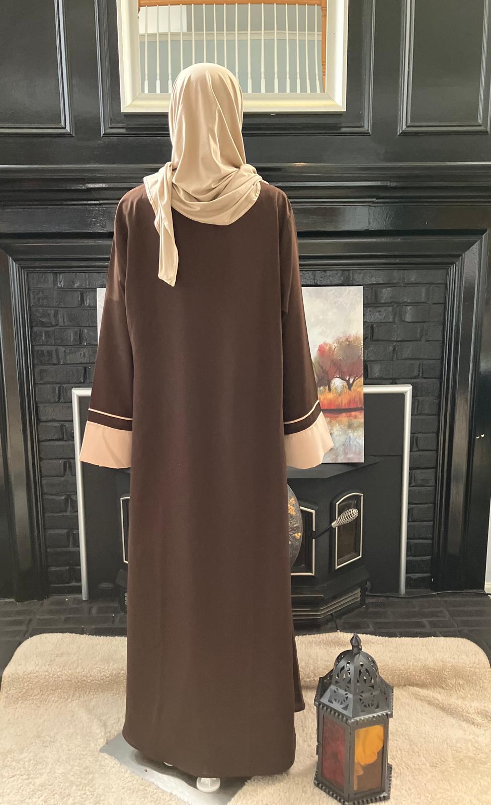 Chocolate Brown Kashibo Abaya with Beige Piping Daily wear Abaya