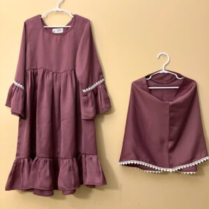 Kids’ Abaya with Khimar – Lace work & Pleated Waist - Dusky Pink Mumin Collection