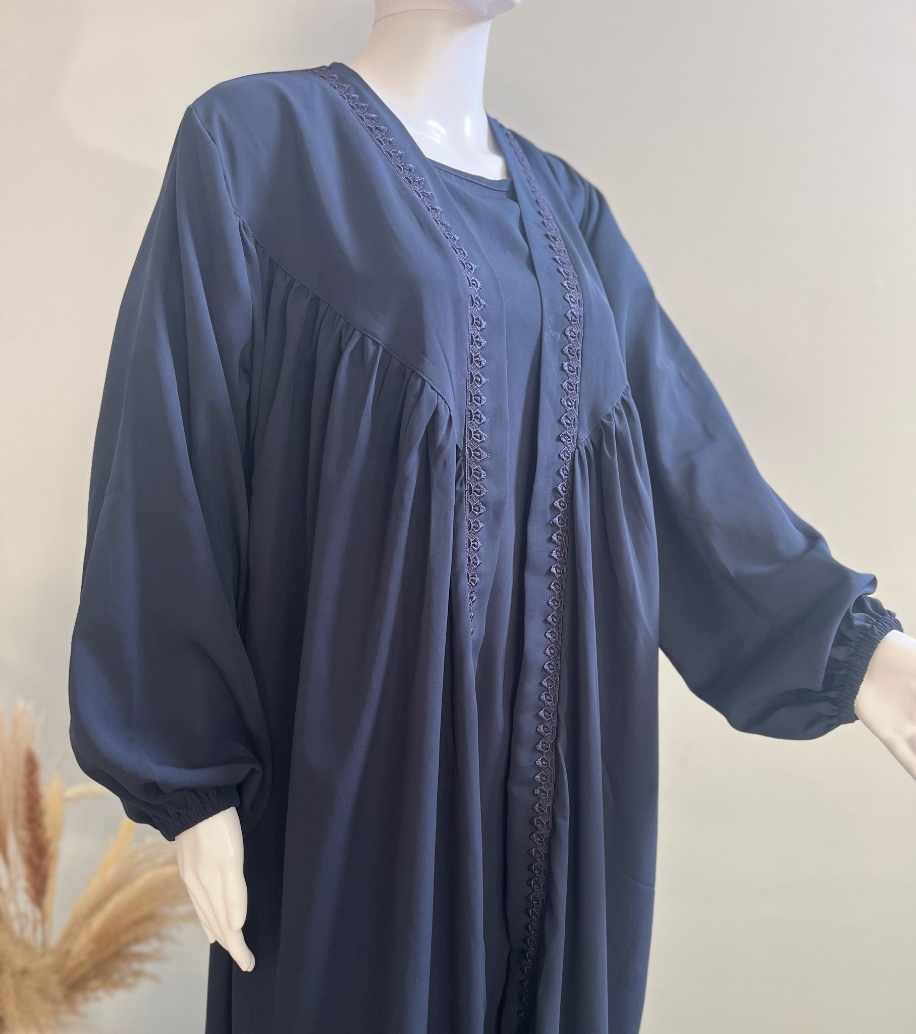Navy Blue Abaya with Lace Worked Pleated Shrug