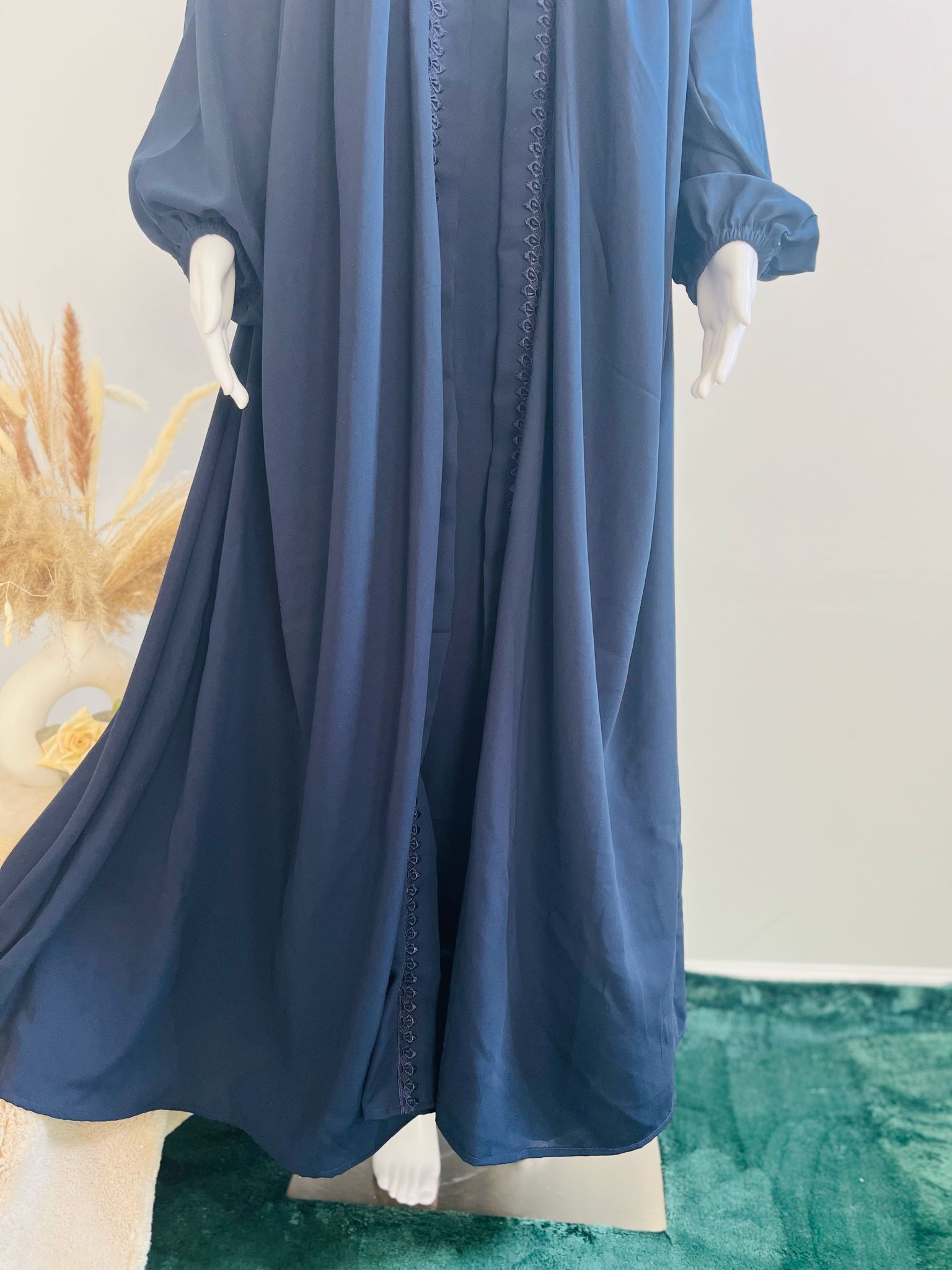 Navy Blue Abaya with Lace Worked Pleated Shrug
