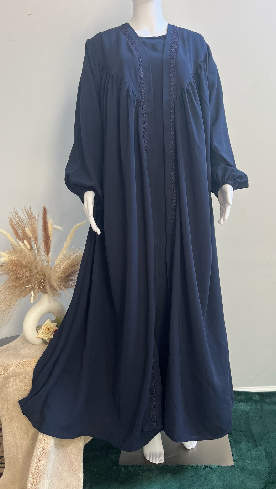 Navy Blue Abaya with Lace Worked Pleated Shrug