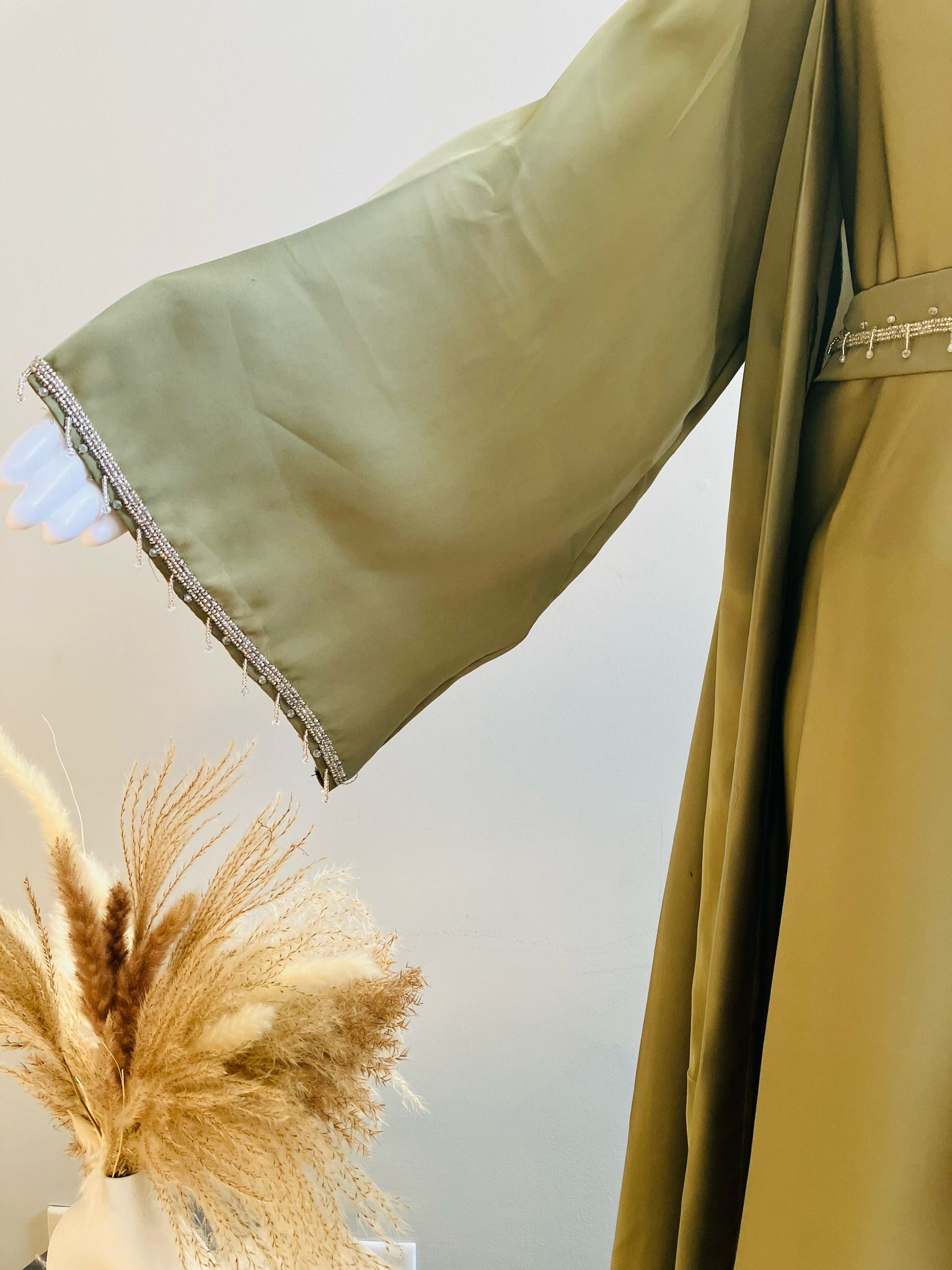 Pista Green Nidah Fabric Tassel Open Abaya | Mumin Collection - Image 3