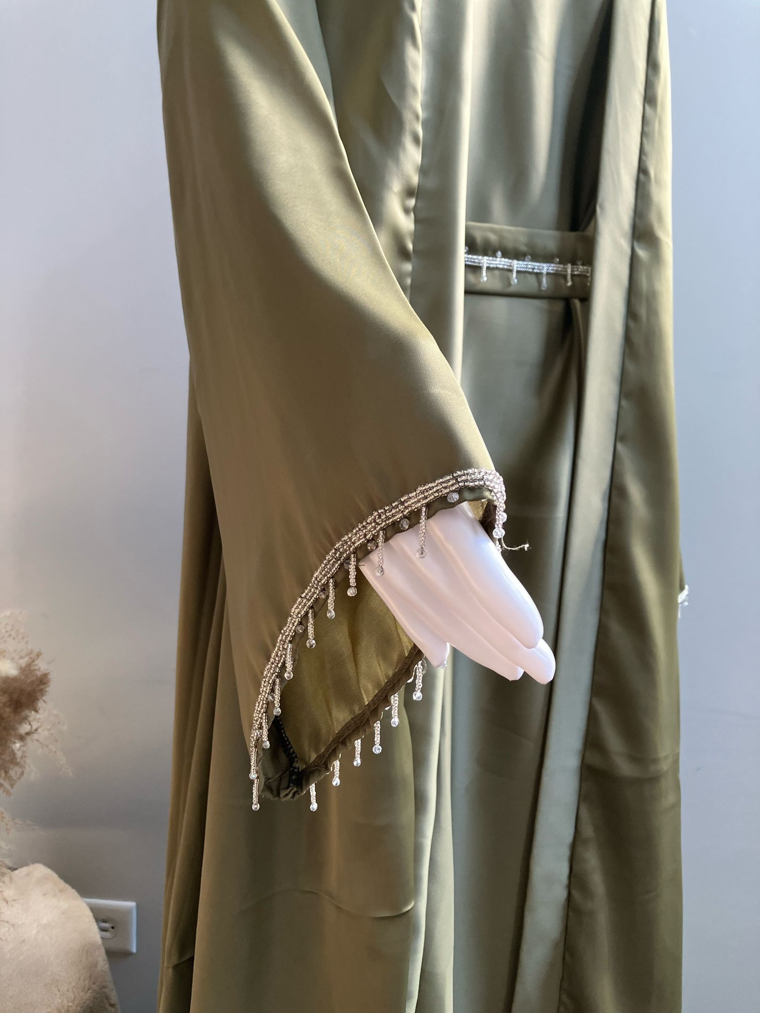 Pista Green Nidah Fabric Tassel Open Abaya | Mumin Collection - Image 4