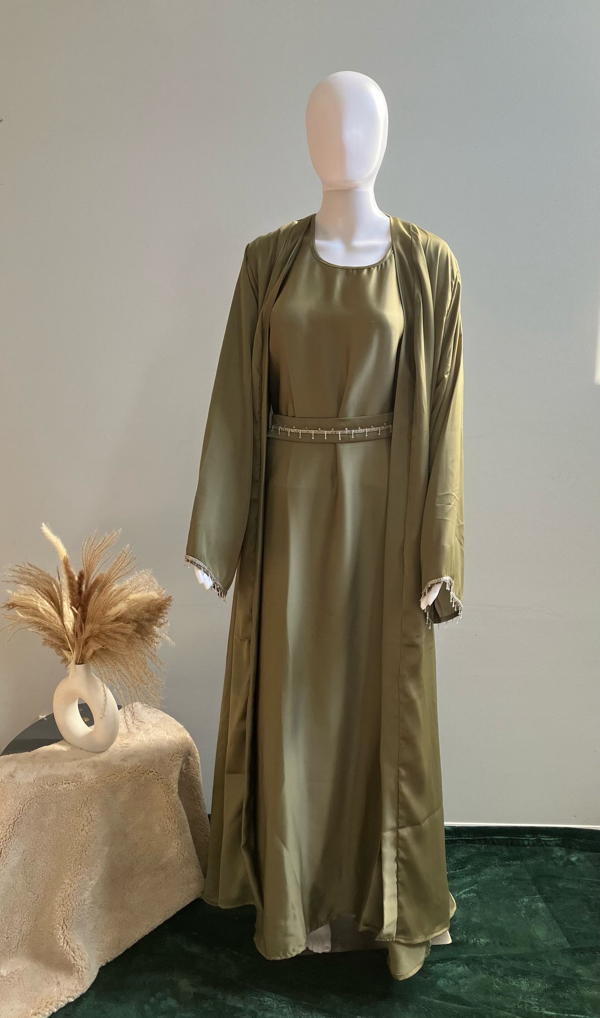 Pista Green Nidah Fabric Tassel Open Abaya