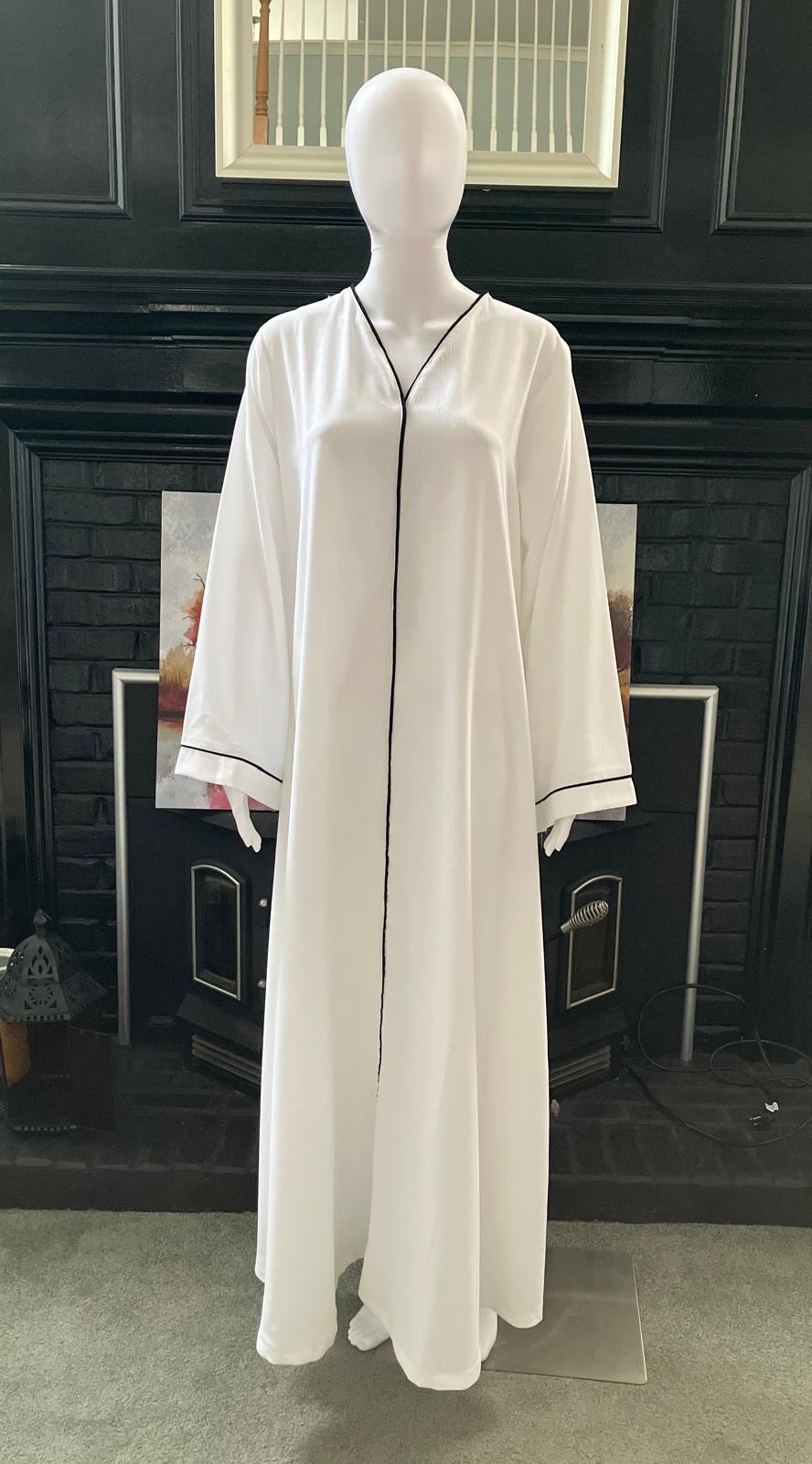 White Abaya with Black Piping Umrah Abaya